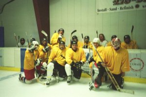 Bombers, with glove-less goalie to right